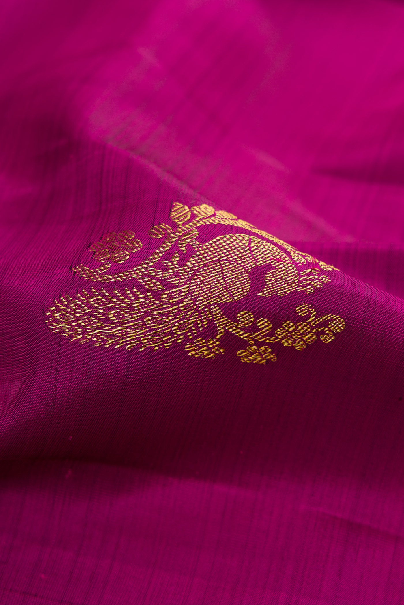 Close up of Purple Dual Tone Kanjivaram Silk Saree with Zari Butta on the body and Zari Border.  displaying folds