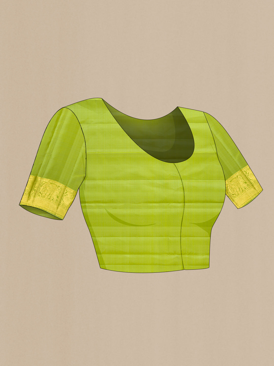 Close up image of the blouse of Green Dual Tone Kanjivaram Silk Saree with Zari Butta on the body and Zari Border. 