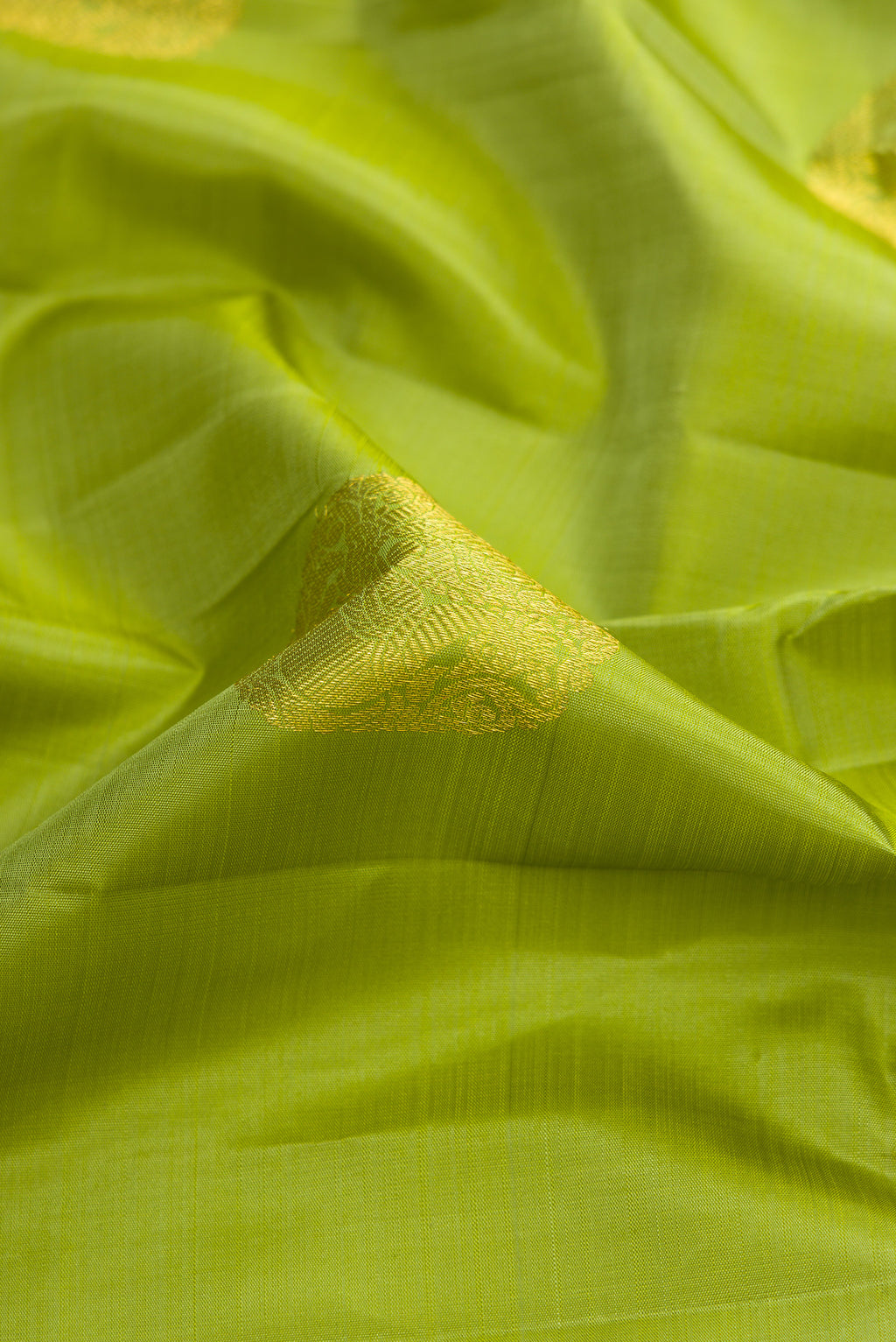Close up of Green Dual Tone Kanjivaram Silk Saree with Zari Butta on the body and Zari Border.  displaying folds