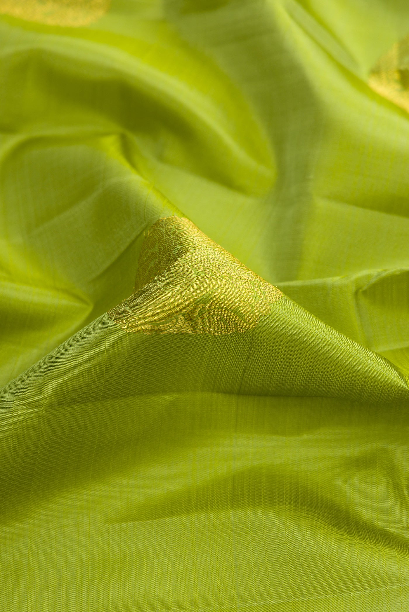 Close up of Green Dual Tone Kanjivaram Silk Saree with Zari Butta on the body and Zari Border.  displaying folds
