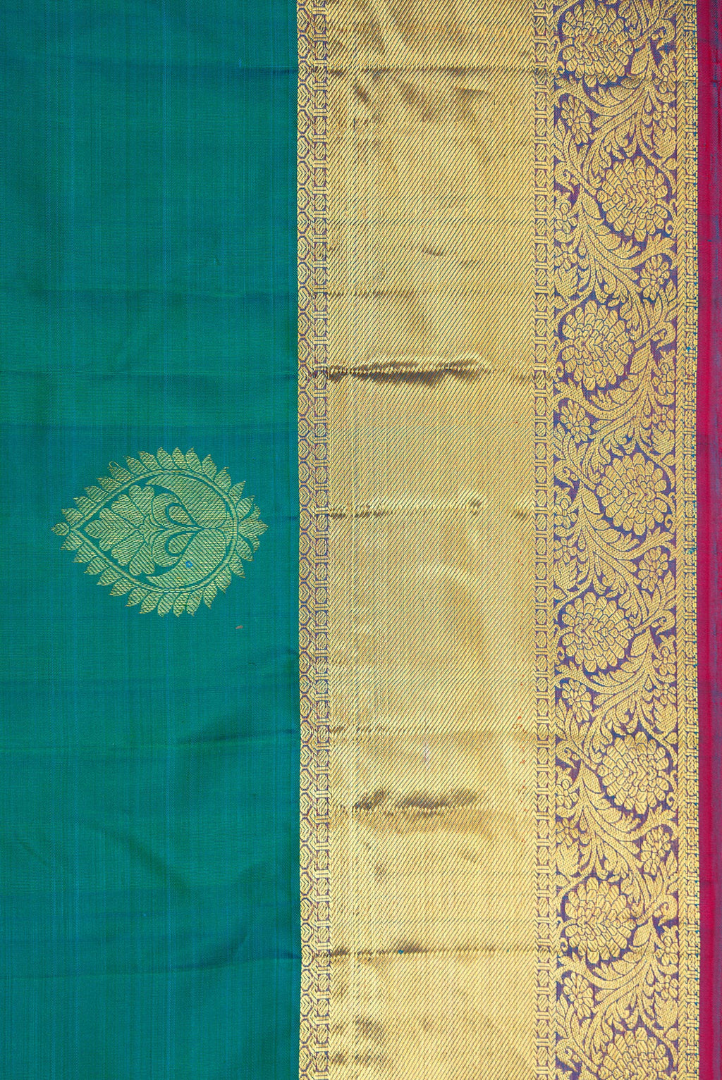 Border image of Peacock Blue Dual Tone Kanjivaram Silk Saree with Zari Butta on the body and Zari Border. 