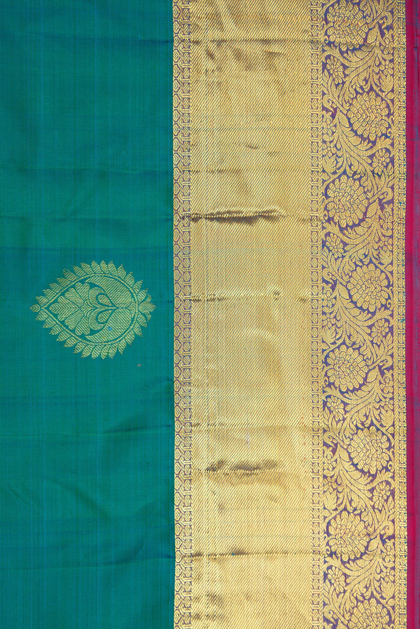 Border image of Peacock Blue Dual Tone Kanjivaram Silk Saree with Zari Butta on the body and Zari Border. 