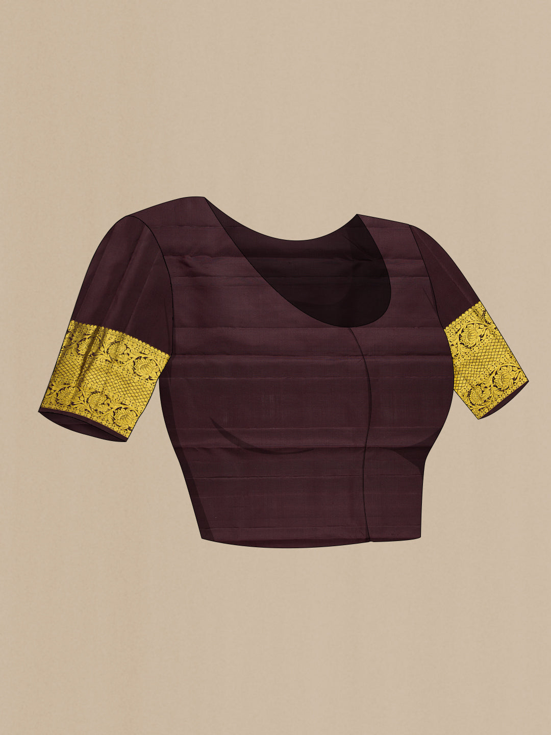 Close up image of the blouse of Gold Dual Tone Kanjivaram Silk Saree with Zari Butta on the body and Zari Border. 