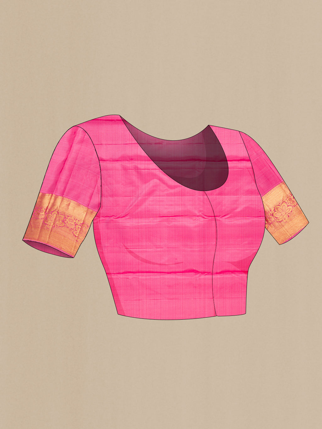Close up image of the blouse of Pink Kanjivaram Silk Saree with Zari Butta on the body and Zari Border. 