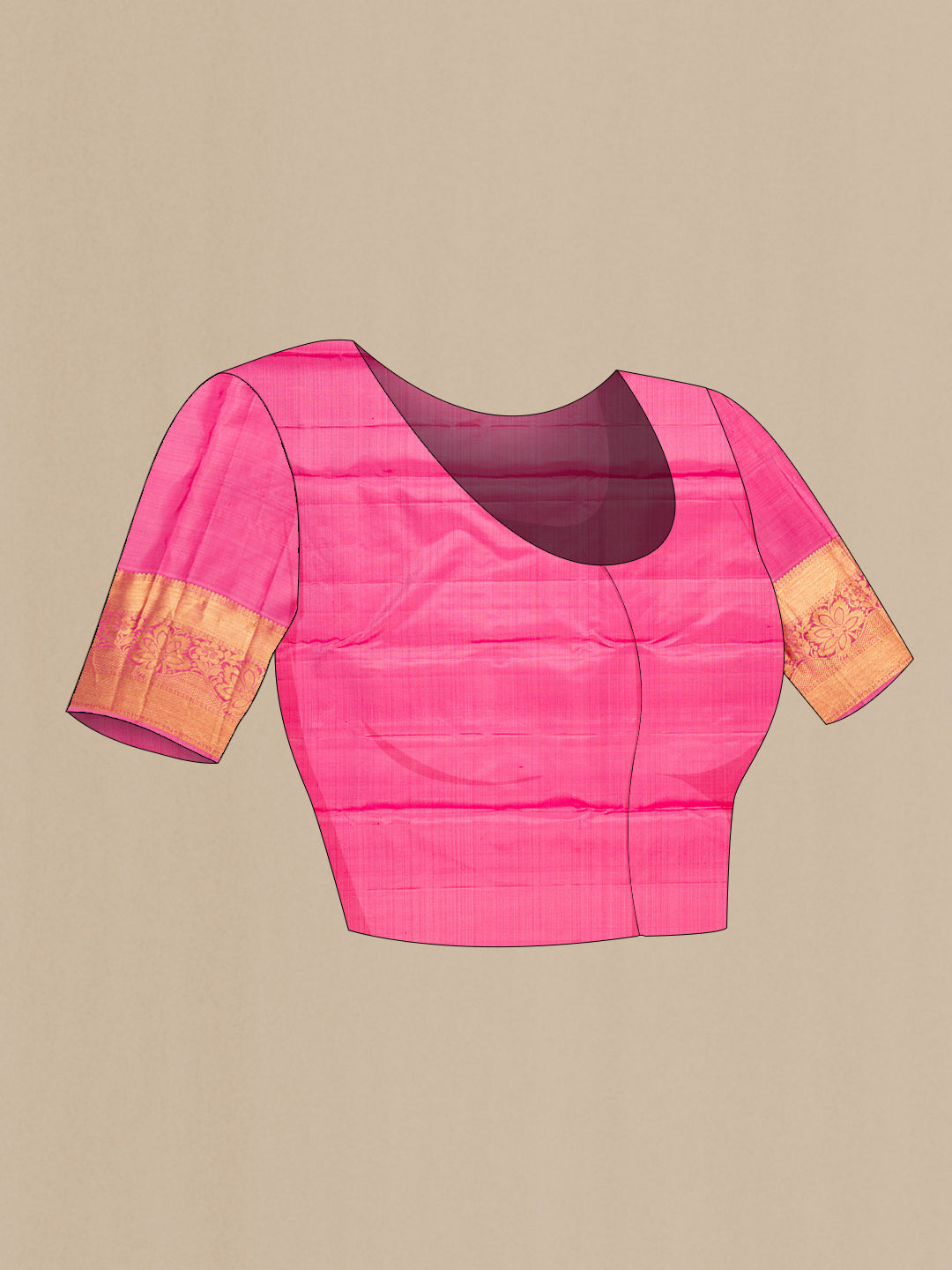 Close up image of the blouse of Pink Kanjivaram Silk Saree with Zari Butta on the body and Zari Border. 