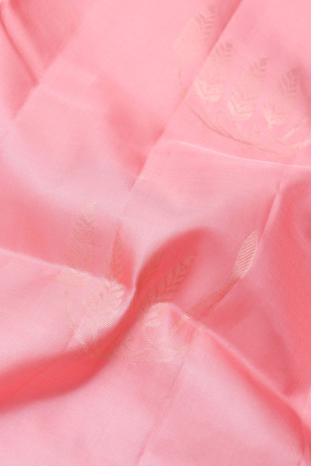 Close up of Rose pink Soft Silk Saree with Zari Butta on the body and Zari Border.  displaying folds