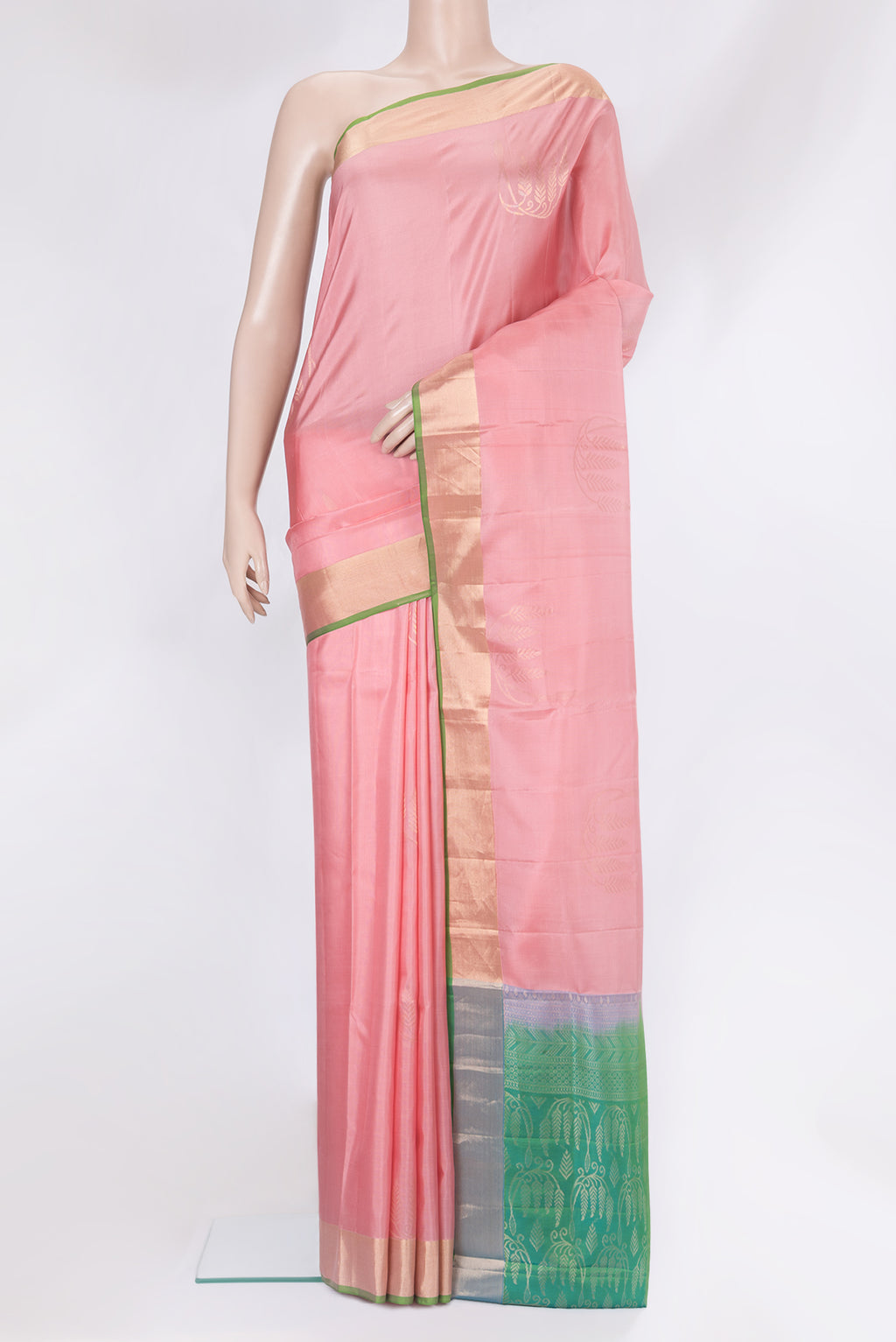 Rose pink Soft Silk Saree with Zari Butta on the body and Zari Border.  displayed on a mannequin