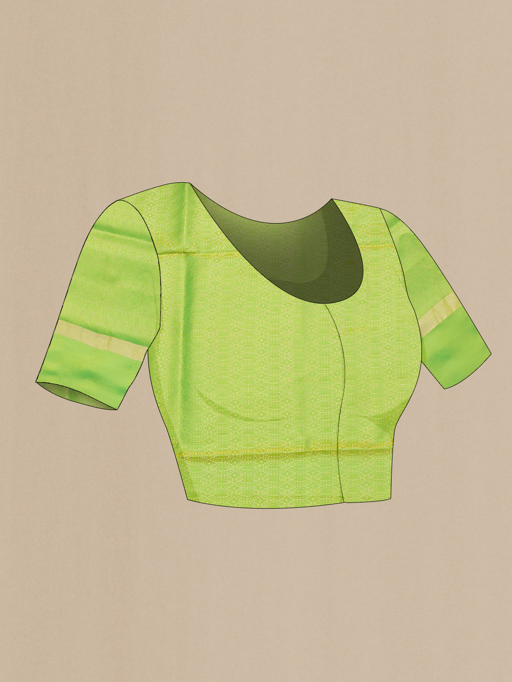 Close up image of the blouse of Parrot Green Soft Silk Saree with Zari Butta on the body and Fancy Border. 