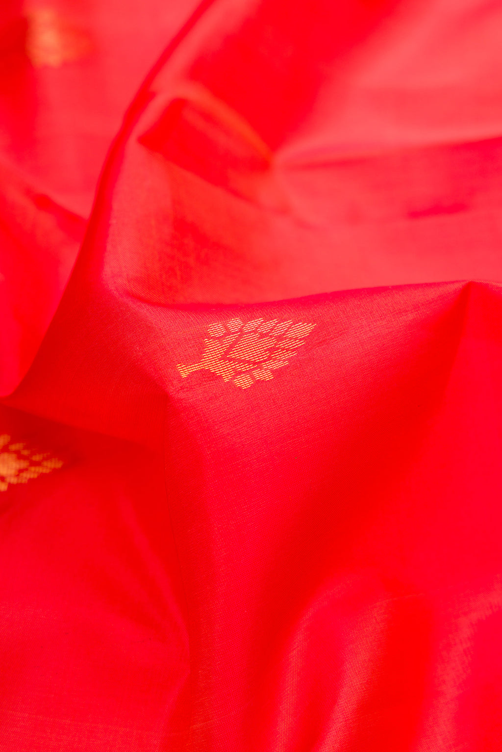 Close up of Brick Orange Dual Tone Soft Silk Saree with Zari Butta on the body and Fancy Border.  displaying folds