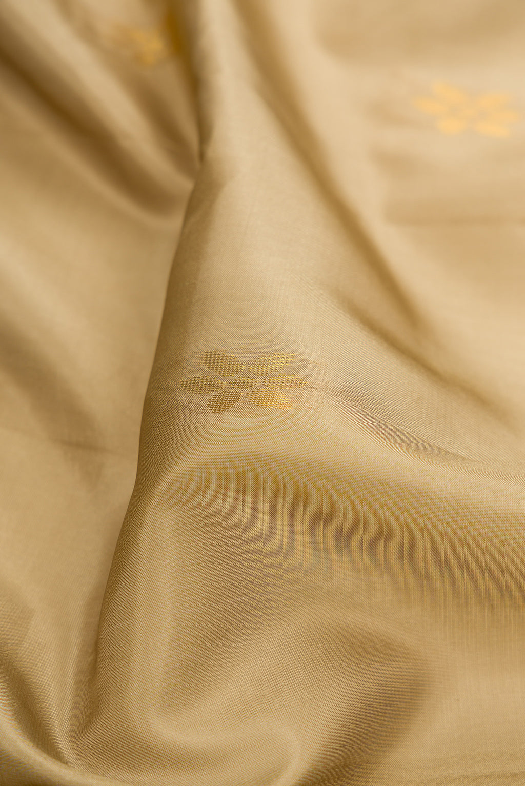 Close up of Dark Beige Soft Silk Saree with Zari Butta on the body and Zari Border.  displaying folds