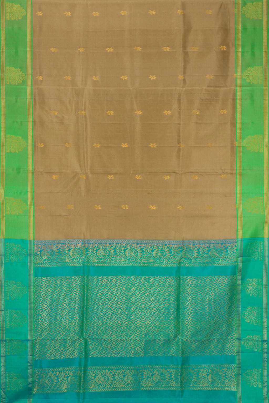 Flat view of Dark Beige Soft Silk Saree with Zari Butta on the body and Zari Border. 
