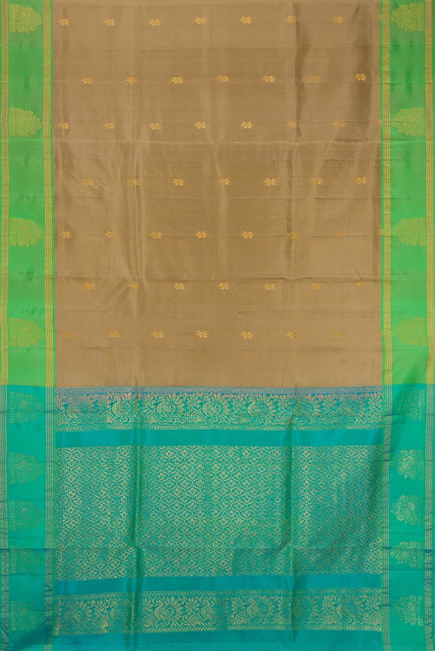 Dark Beige Soft Silk Saree with Zari Butta on the body and Zari Border.  displayed on a mannequin