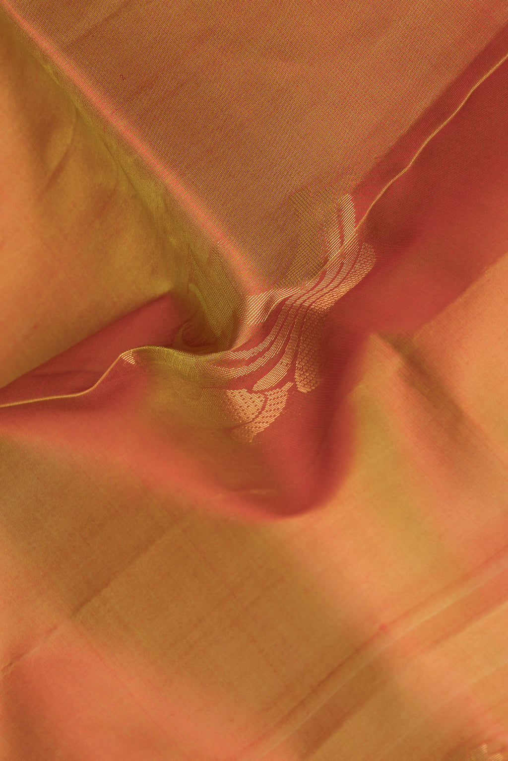 Close up of Mehandi Green Dual Tone Soft Silk Saree with Zari Butta on the body and Zari Border.  displaying folds
