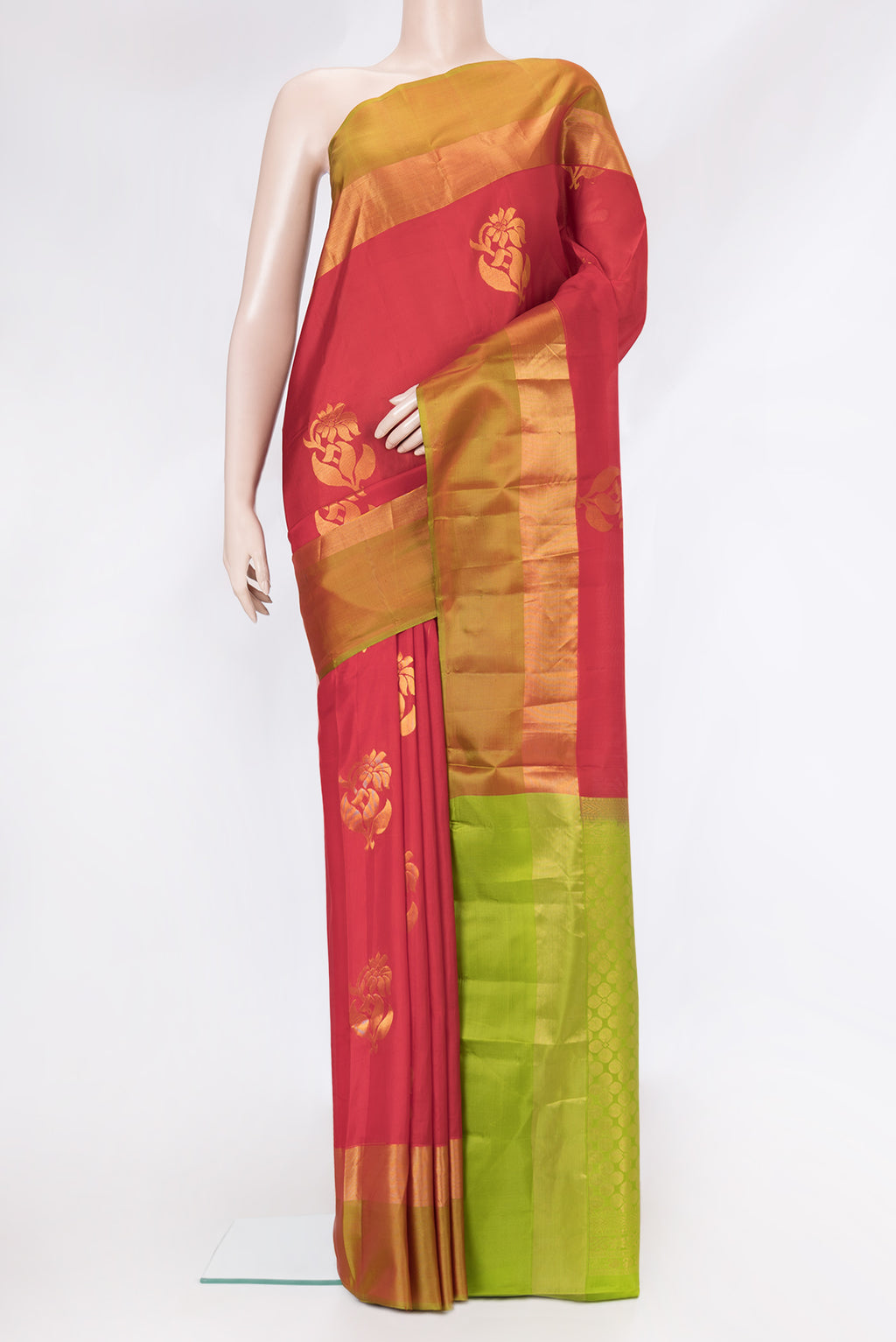 Red Dual Tone Soft Silk Saree with Zari Butta on the body and Zari Border.  displayed on a mannequin