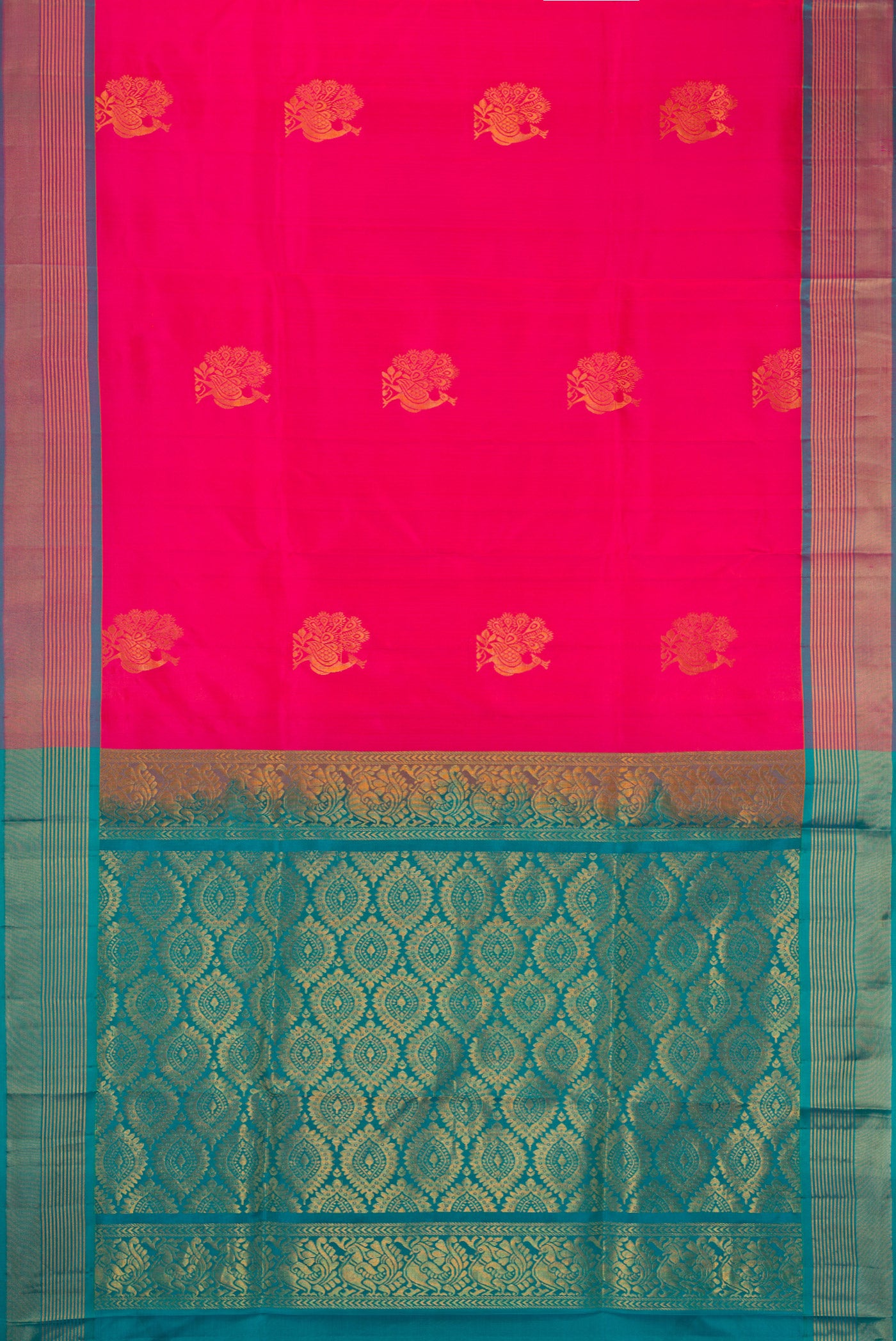 Pink Soft Silk Saree with Zari Butta on the body and Zari Border.  displayed on a mannequin