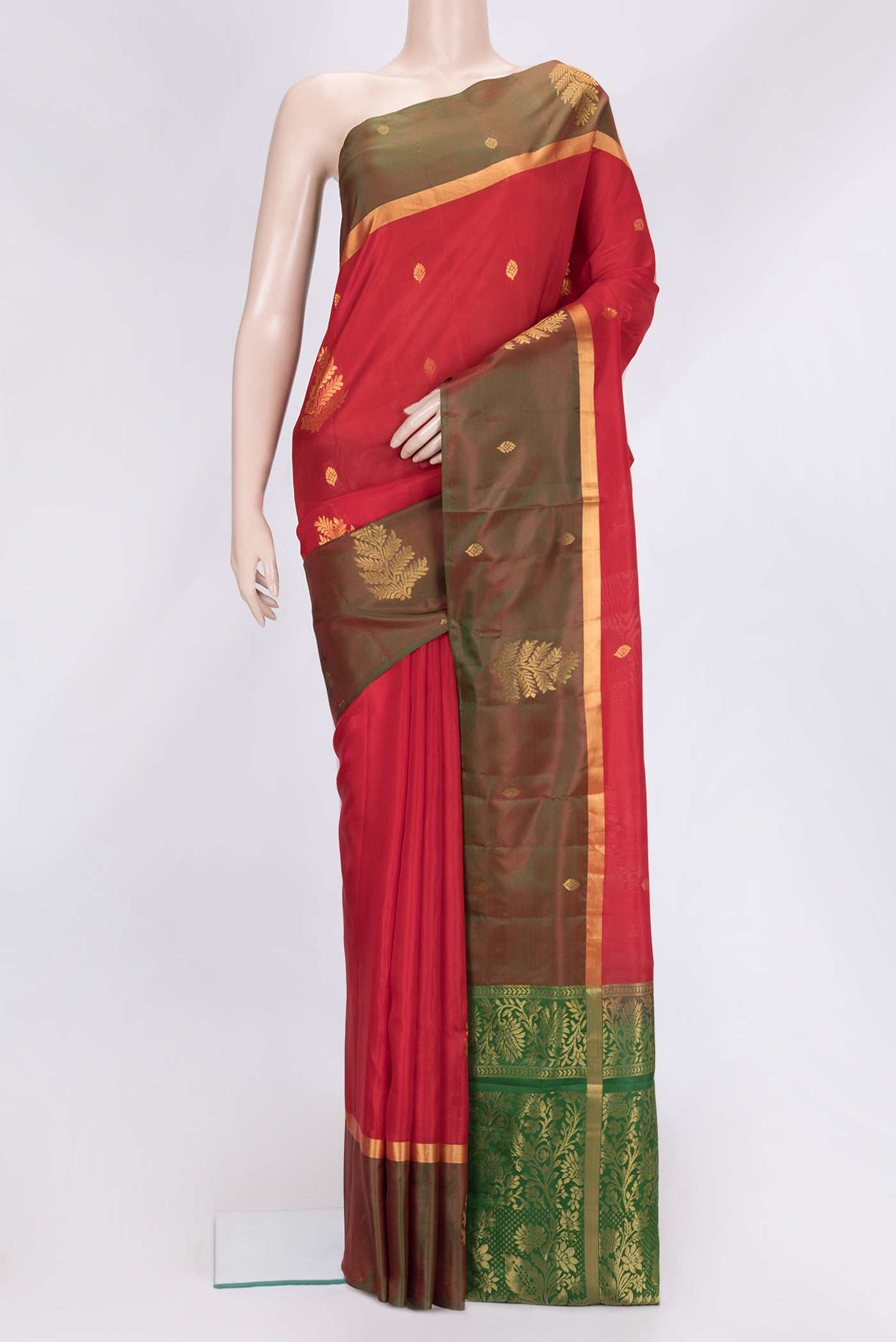 Red Dual Tone Soft Silk Saree with Zari Butta on the body and Fancy Border.  displayed on a mannequin