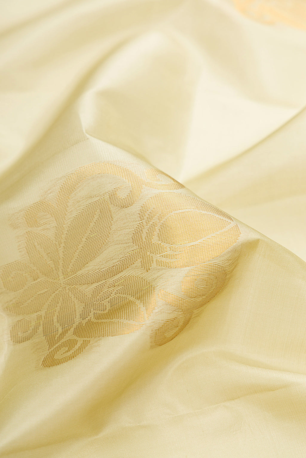 Close up of Beige Soft Silk Saree with Zari Butta on the body and Zari Border.  displaying folds