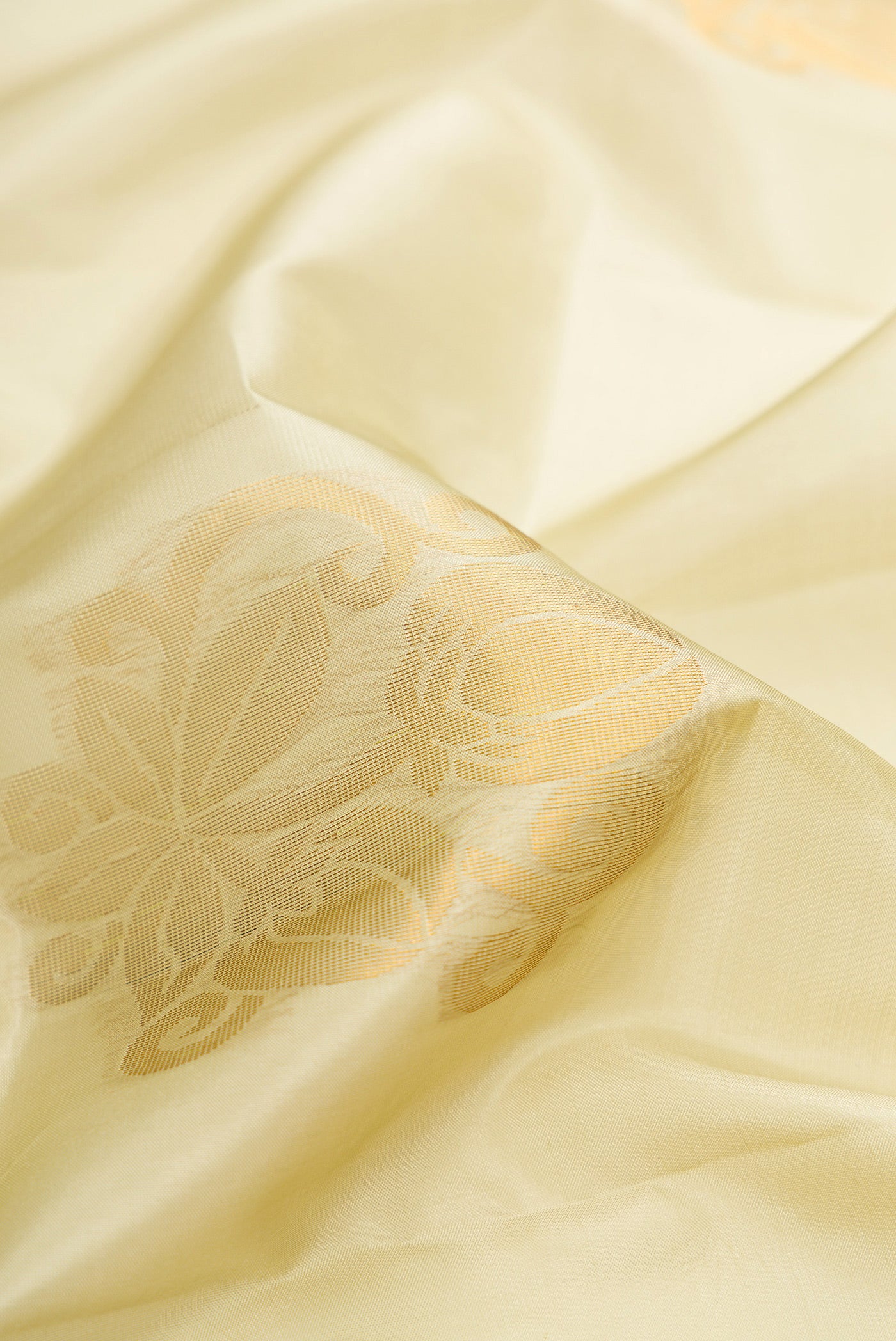 Close up of Beige Soft Silk Saree with Zari Butta on the body and Zari Border.  displaying folds