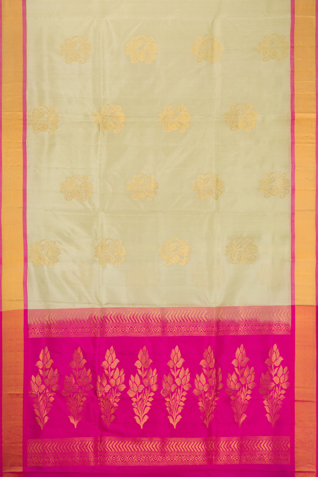 Beige Soft Silk Saree with Zari Butta on the body and Zari Border.  displayed on a mannequin