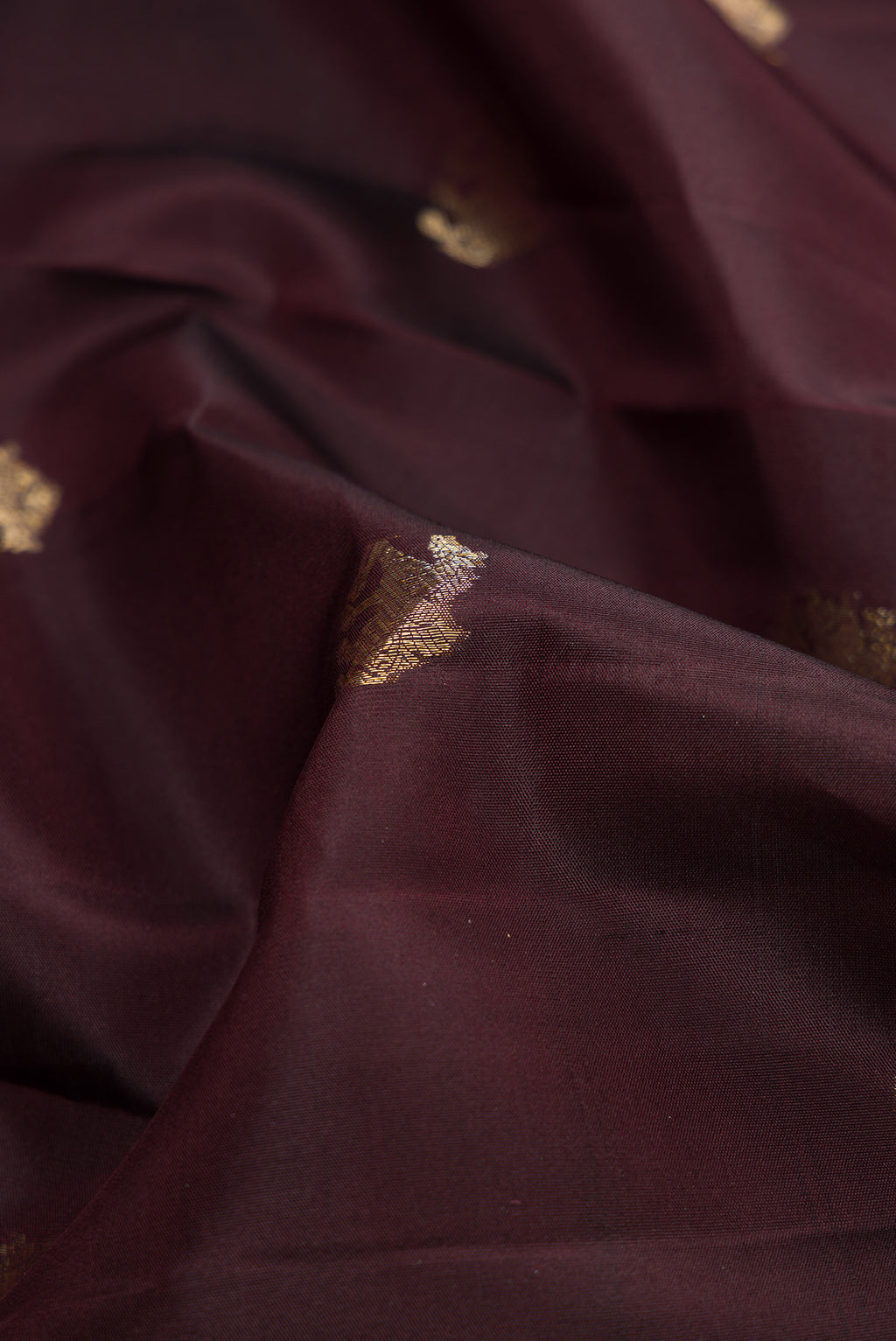 Close up of Coffee Brown Dual Tone Kanjivaram Silk Saree with Zari Brocade on the body and Zari Border.  displaying folds
