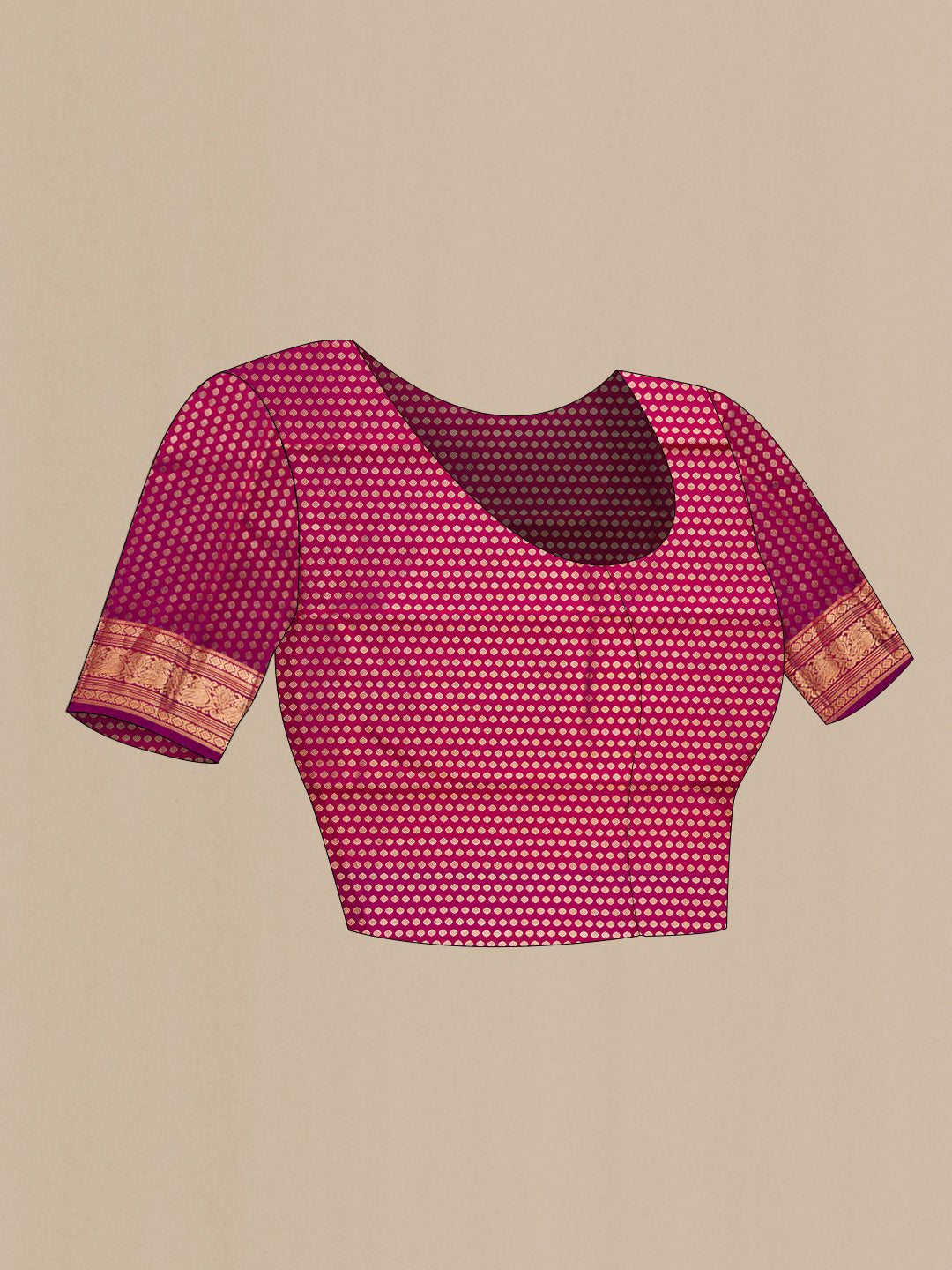 Close up image of the blouse of Magenta Dual Tone Kanjivaram Silk Saree with Zari Butta on the body and Zari Border. 