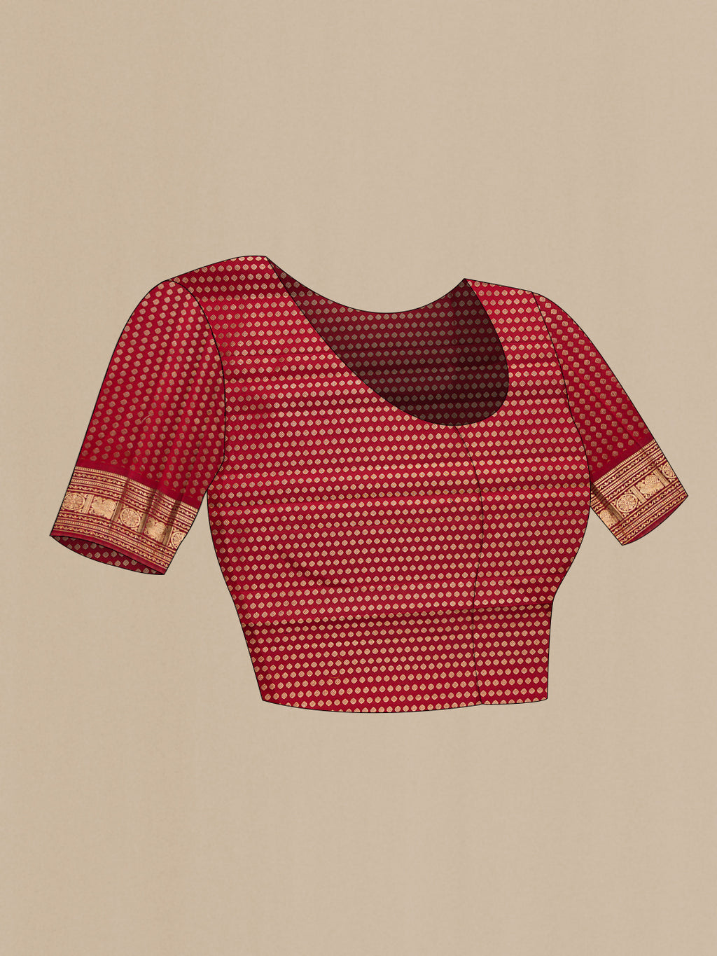 Close up image of the blouse of Coffee Brown Dual Tone Kanjivaram Silk Saree with Zari Butta on the body and Zari Border. 