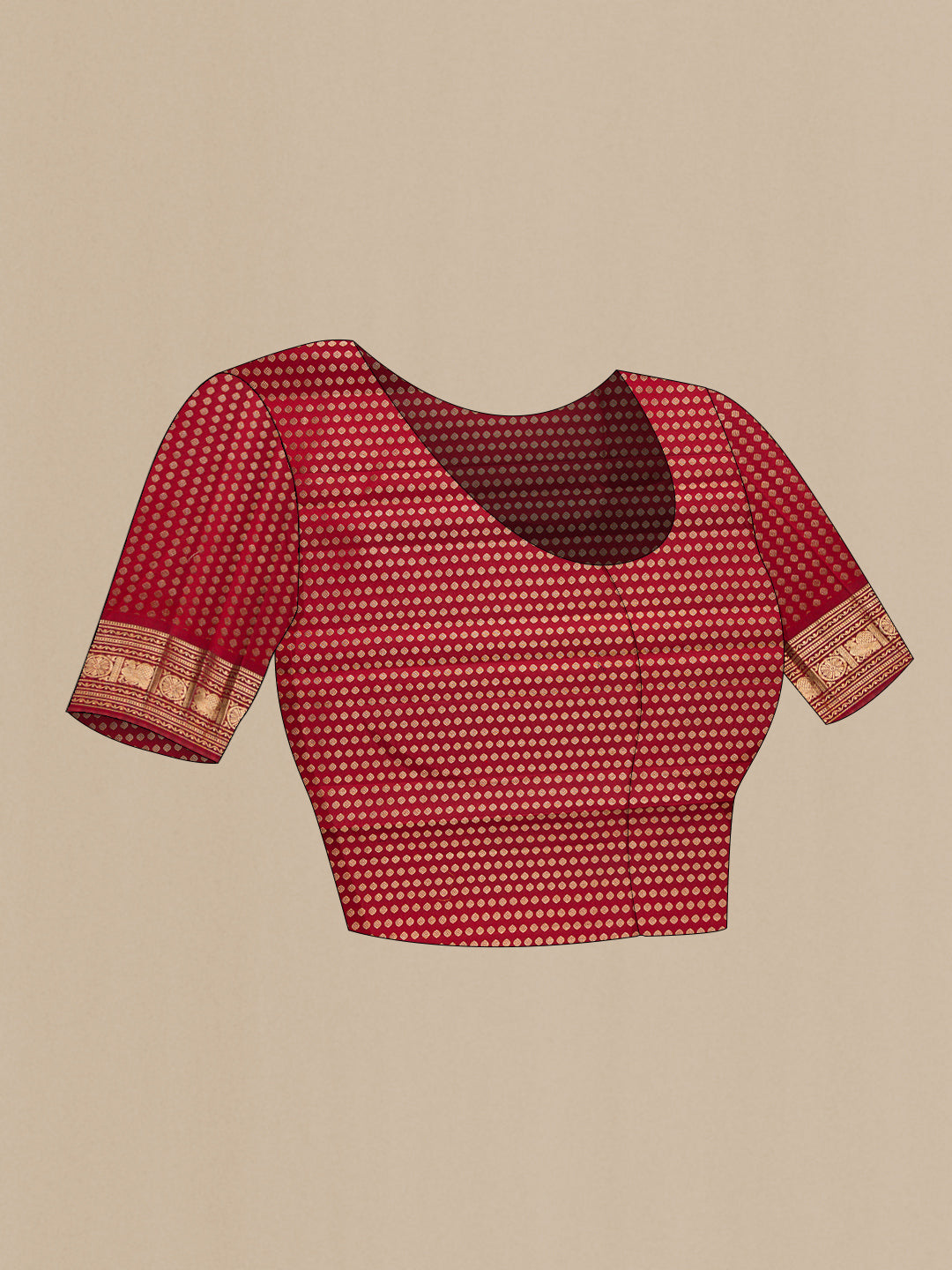 Close up image of the blouse of Coffee Brown Dual Tone Kanjivaram Silk Saree with Zari Butta on the body and Zari Border. 