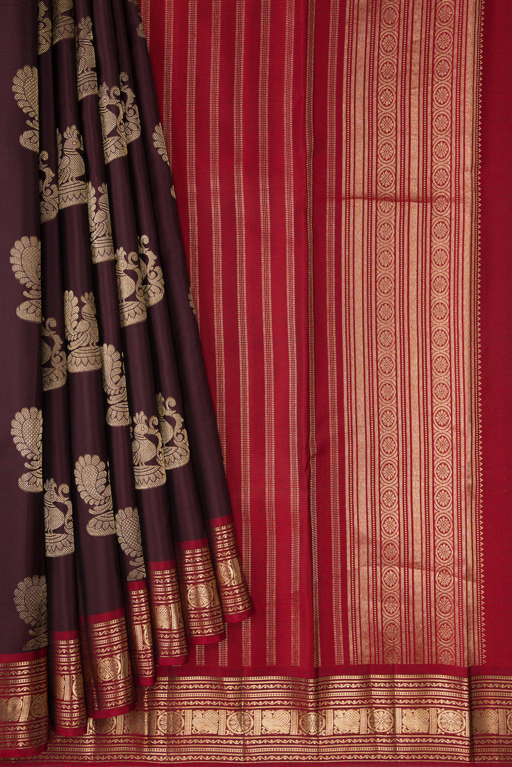 Pleats and pallu of Coffee Brown Dual Tone Kanjivaram Silk Saree with Zari Butta on the body and Zari Border. 