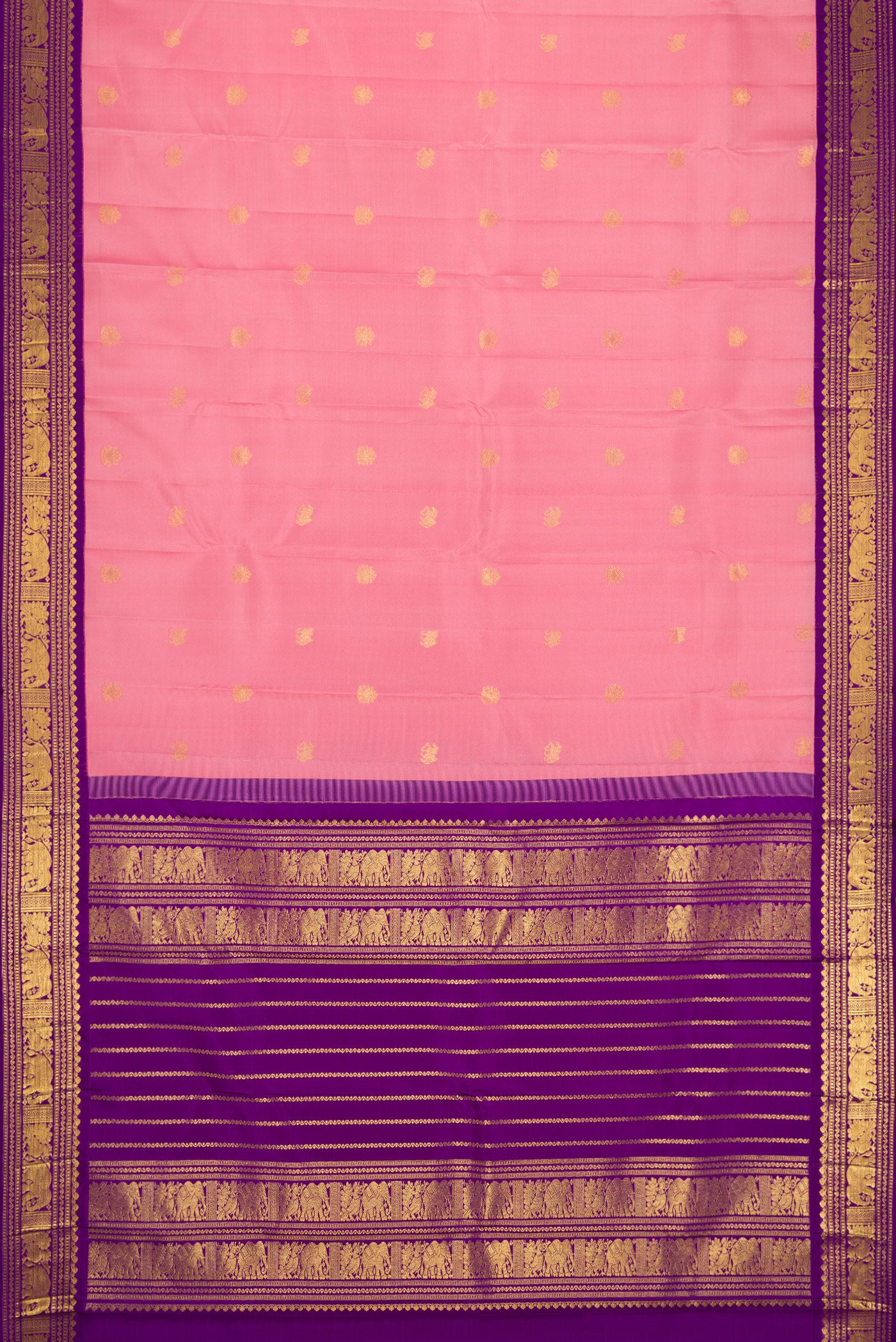 Flat view of Pink Dual Tone Kanchipuram Silk Saree with Zari Butta on the body and Zari Border. 