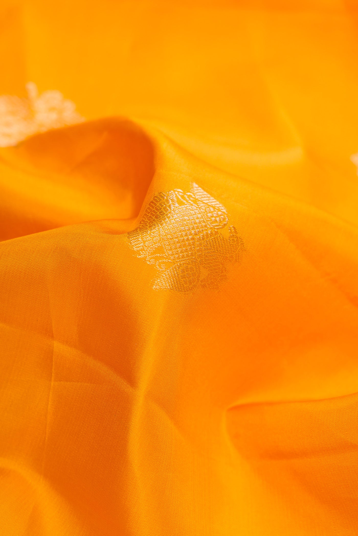 Close up of Yellow Dual Tone Kanchipuram Silk Saree with Zari Butta on the body and Zari Border.  displaying folds