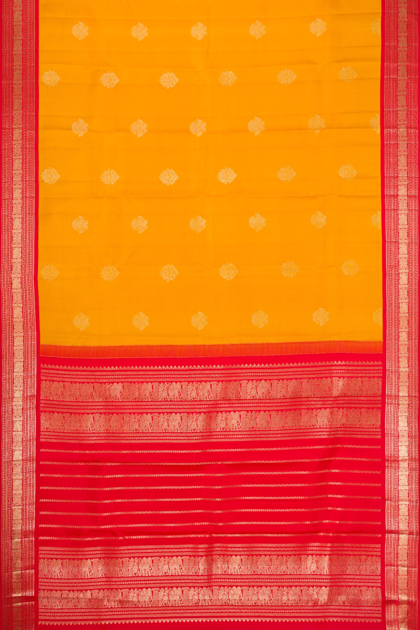 Flat view of Yellow Dual Tone Kanchipuram Silk Saree with Zari Butta on the body and Zari Border. 
