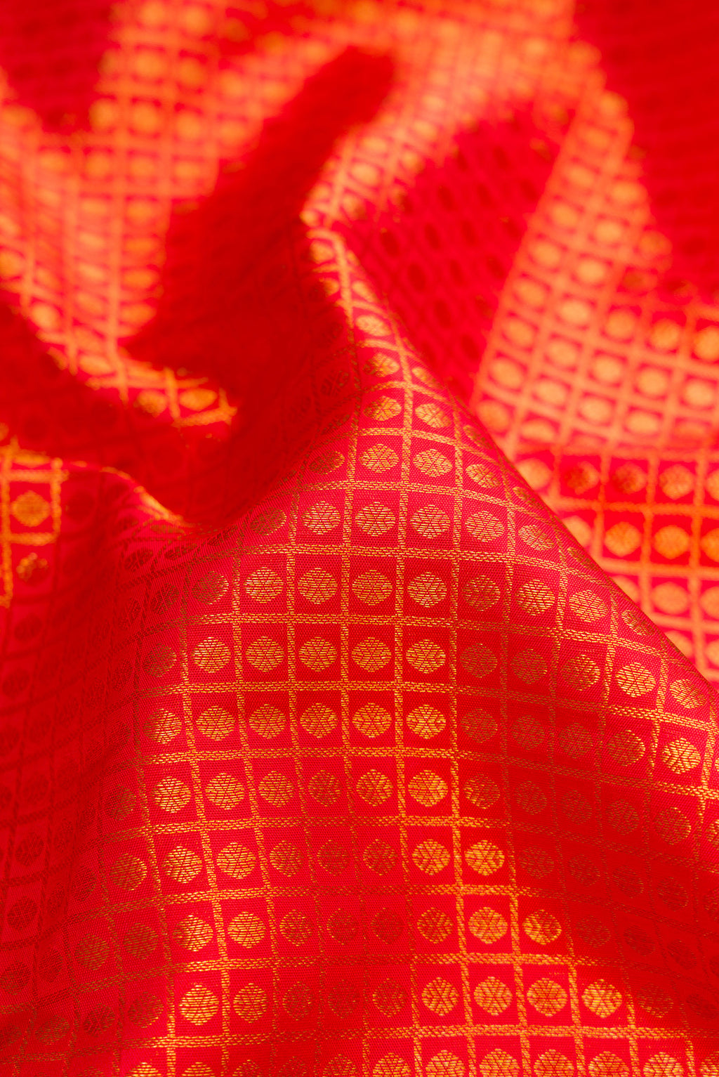 Close up of Red Dual Tone Kanchipuram Silk Saree with Zari Brocade on the body and Zari Border.  displaying folds