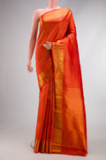Red Dual Tone Kanchipuram Silk Saree with Zari Brocade on the body and Zari Border.  displayed on a mannequin