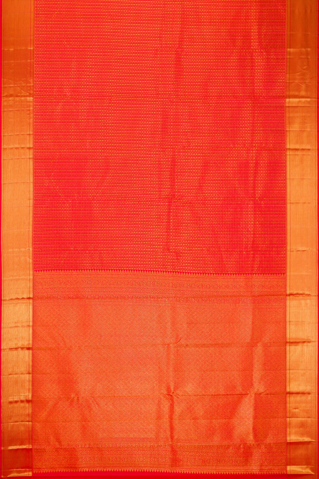 Flat view of Red Dual Tone Kanchipuram Silk Saree with Zari Brocade on the body and Zari Border. 