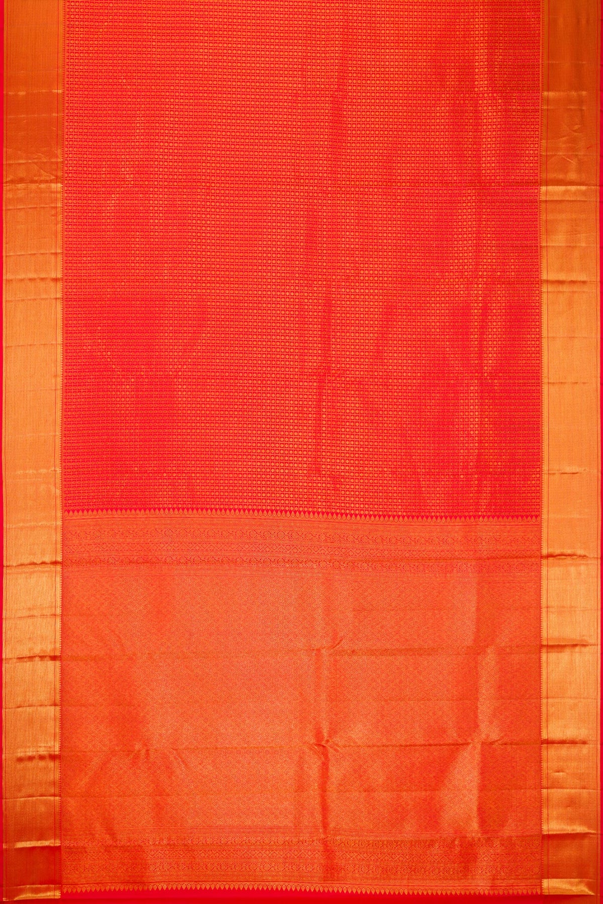 Flat view of Red Dual Tone Kanchipuram Silk Saree with Zari Brocade on the body and Zari Border. 