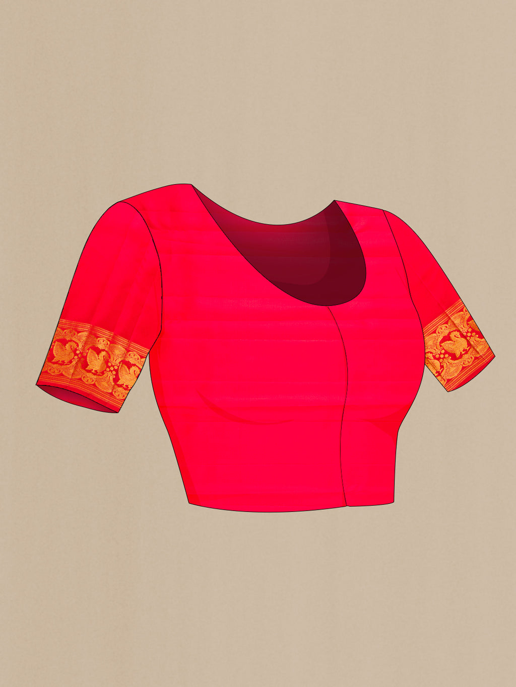 Close up image of the blouse of Red Dual Tone Kanchipuram Silk Saree with Zari Brocade on the body and Zari Border. 