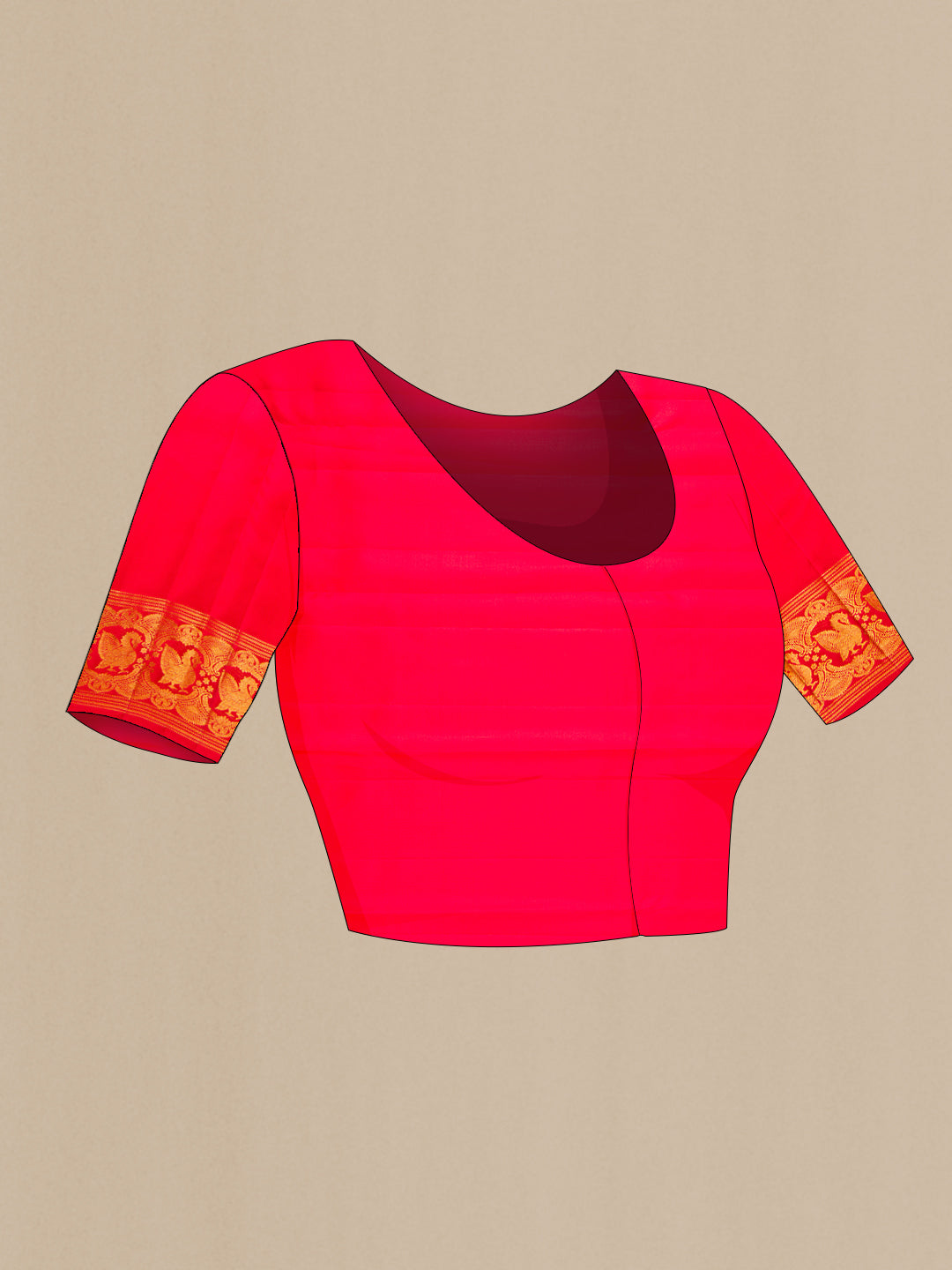 Close up image of the blouse of Red Dual Tone Kanchipuram Silk Saree with Zari Brocade on the body and Zari Border. 