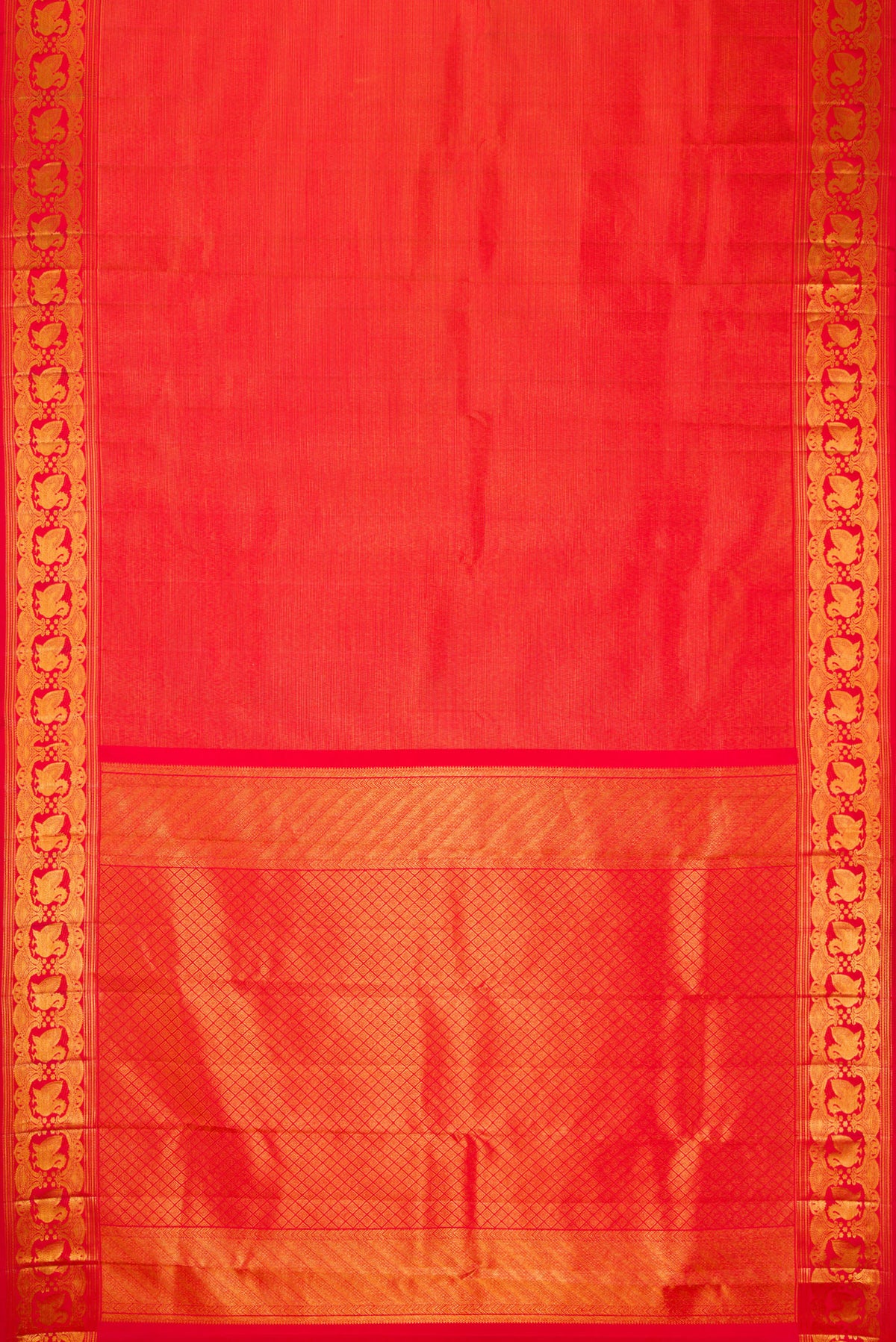 Flat view of Red Dual Tone Kanchipuram Silk Saree with Zari Brocade on the body and Zari Border. 