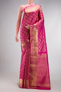 Pink Dual Tone Kanchipuram Silk Saree with Zari Brocade on the body and Zari Border.  displayed on a mannequin