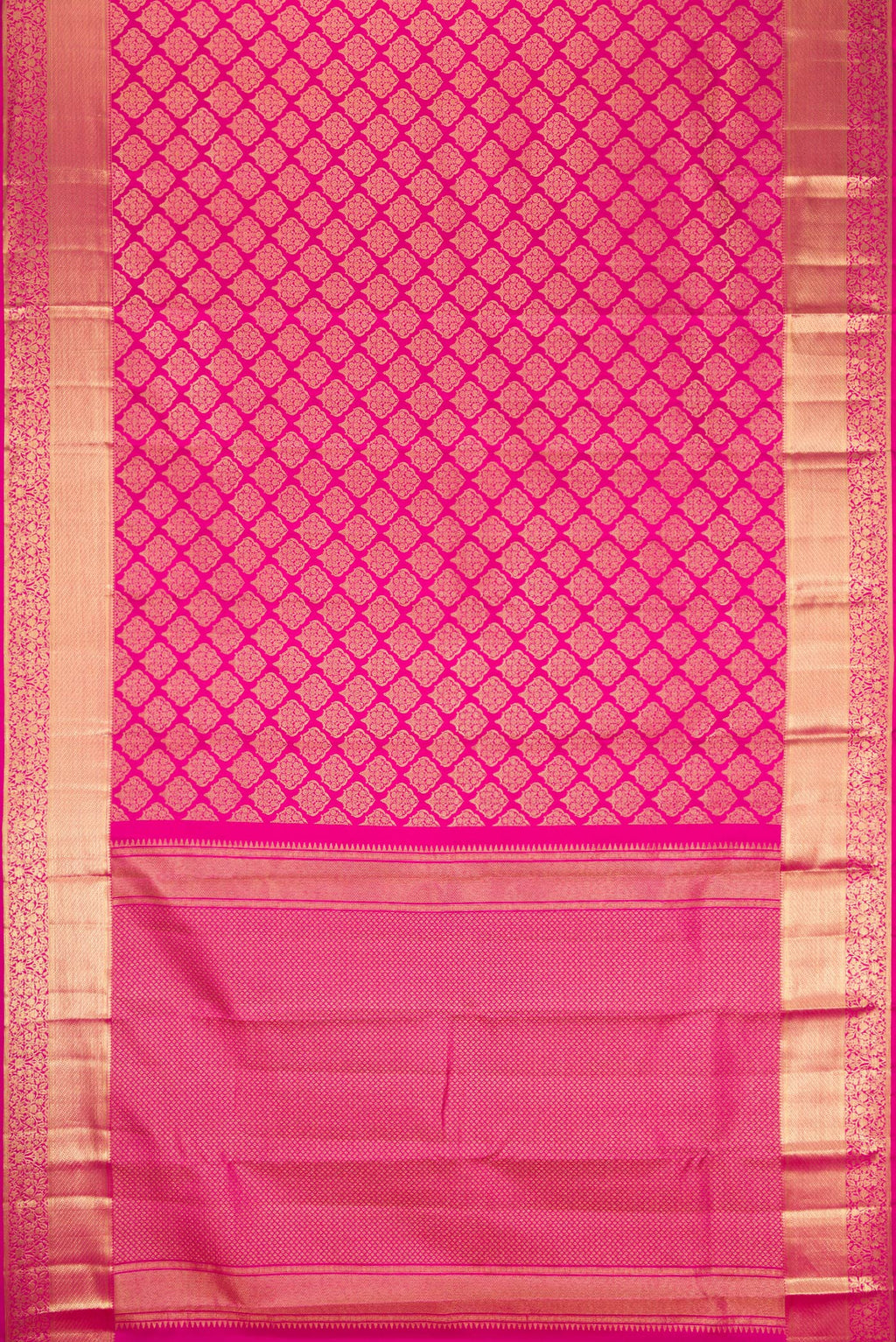 Flat view of Pink Dual Tone Kanchipuram Silk Saree with Zari Brocade on the body and Zari Border. 