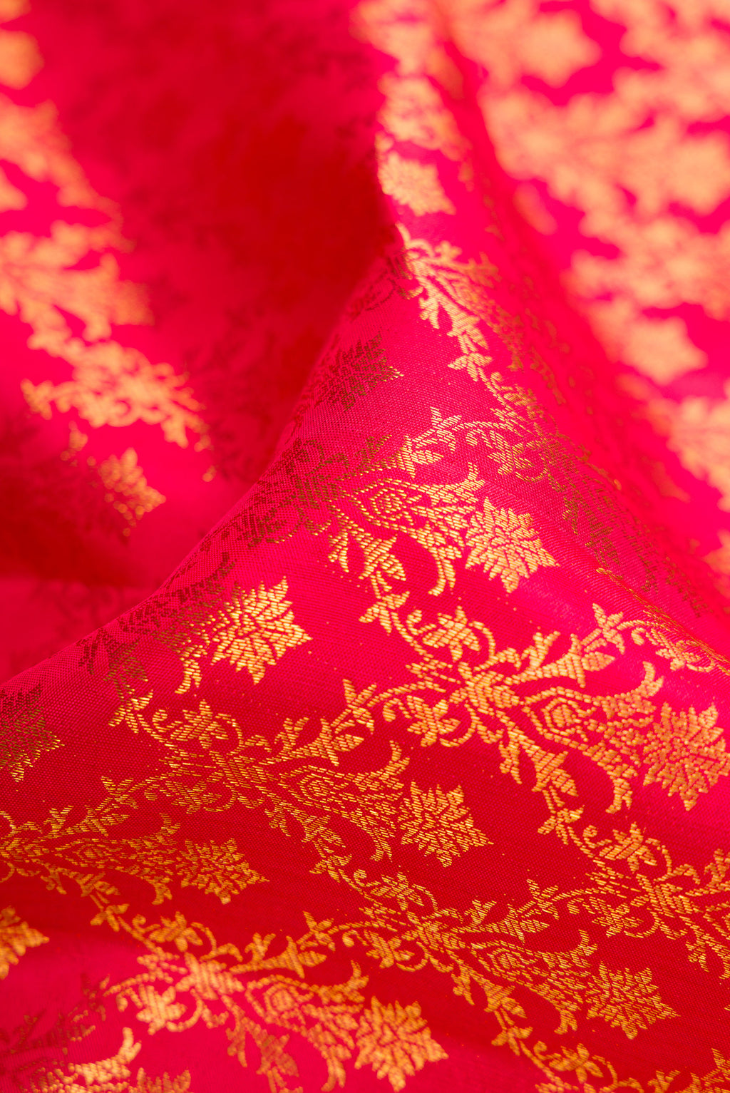 Close up of Red Dual Tone Kanchipuram Silk Saree with Zari Brocade on the body and Zari Border.  displaying folds