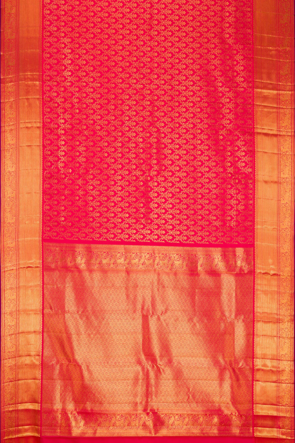 Flat view of Red Dual Tone Kanchipuram Silk Saree with Zari Brocade on the body and Zari Border. 