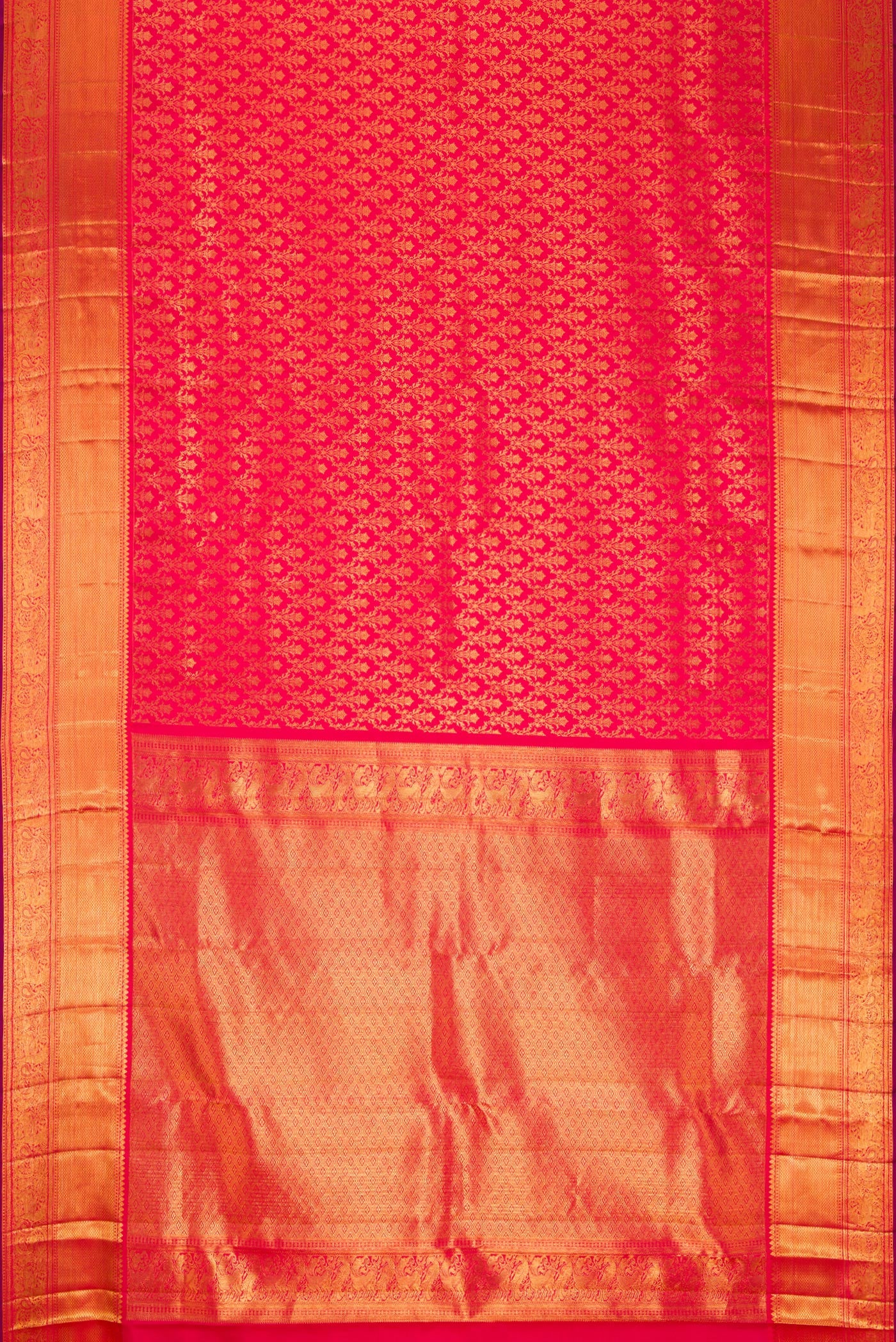 Flat view of Red Dual Tone Kanchipuram Silk Saree with Zari Brocade on the body and Zari Border. 
