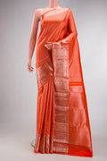 Orange Dual Tone Kanchipuram Silk Saree with Zari Brocade on the body and Zari Border.  displayed on a mannequin