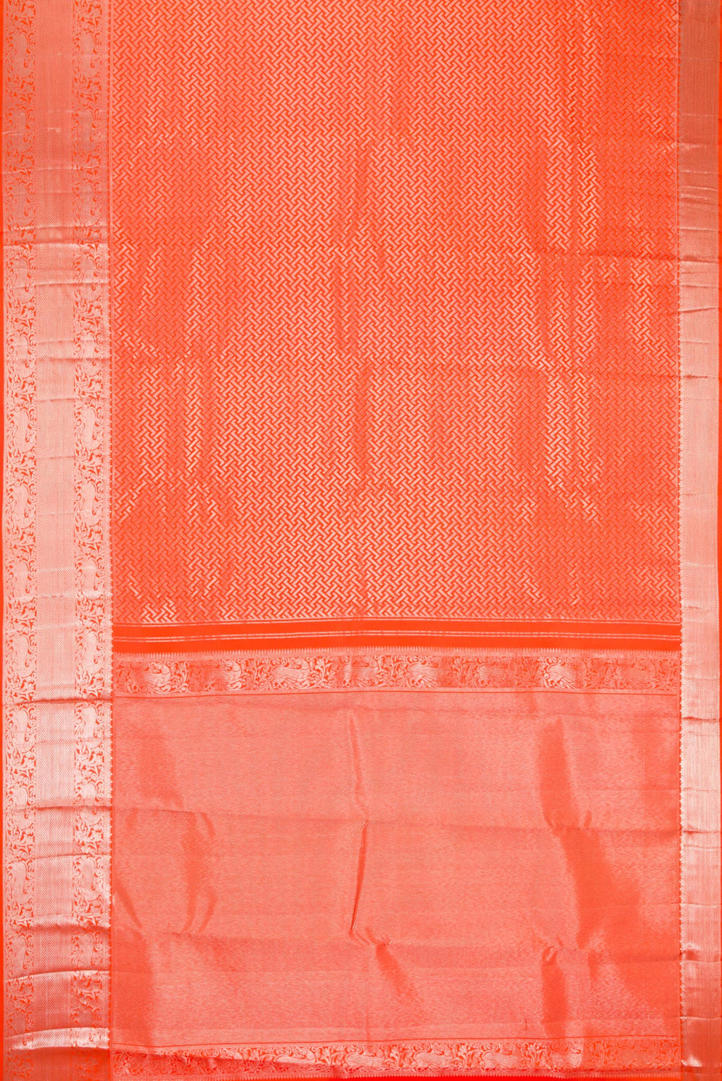 Flat view of Orange Dual Tone Kanchipuram Silk Saree with Zari Brocade on the body and Zari Border. 