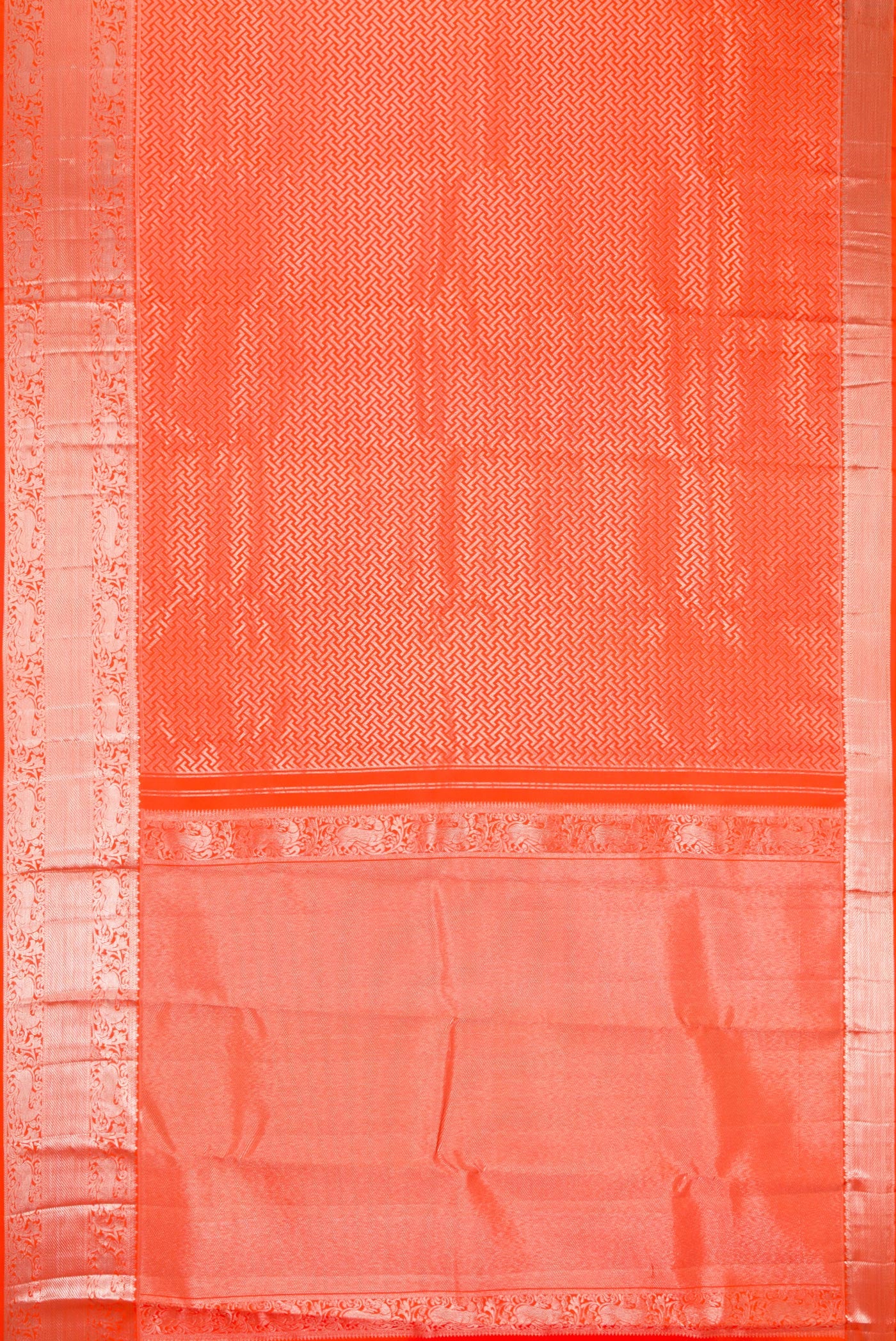 Flat view of Orange Dual Tone Kanchipuram Silk Saree with Zari Brocade on the body and Zari Border. 