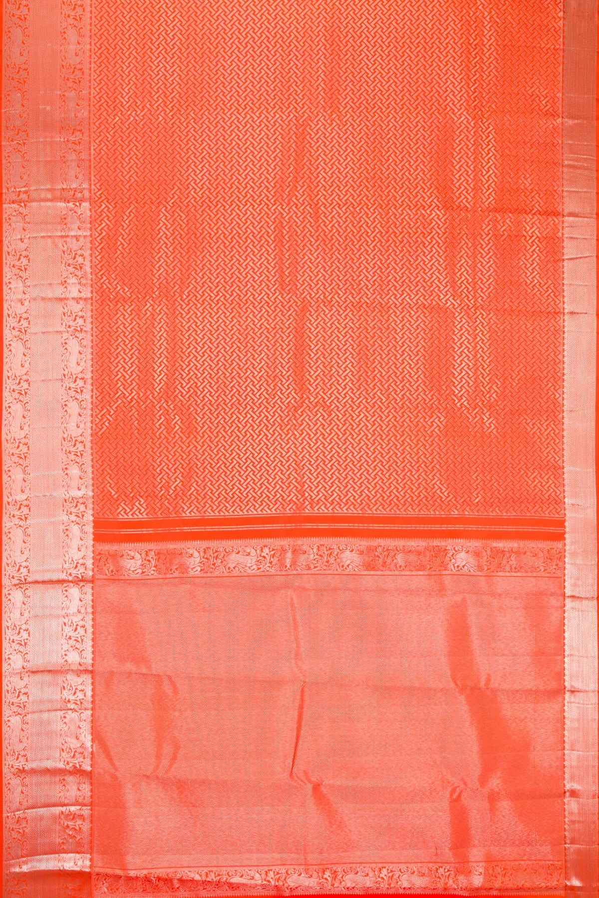 Flat view of Orange Dual Tone Kanchipuram Silk Saree with Zari Brocade on the body and Zari Border. 