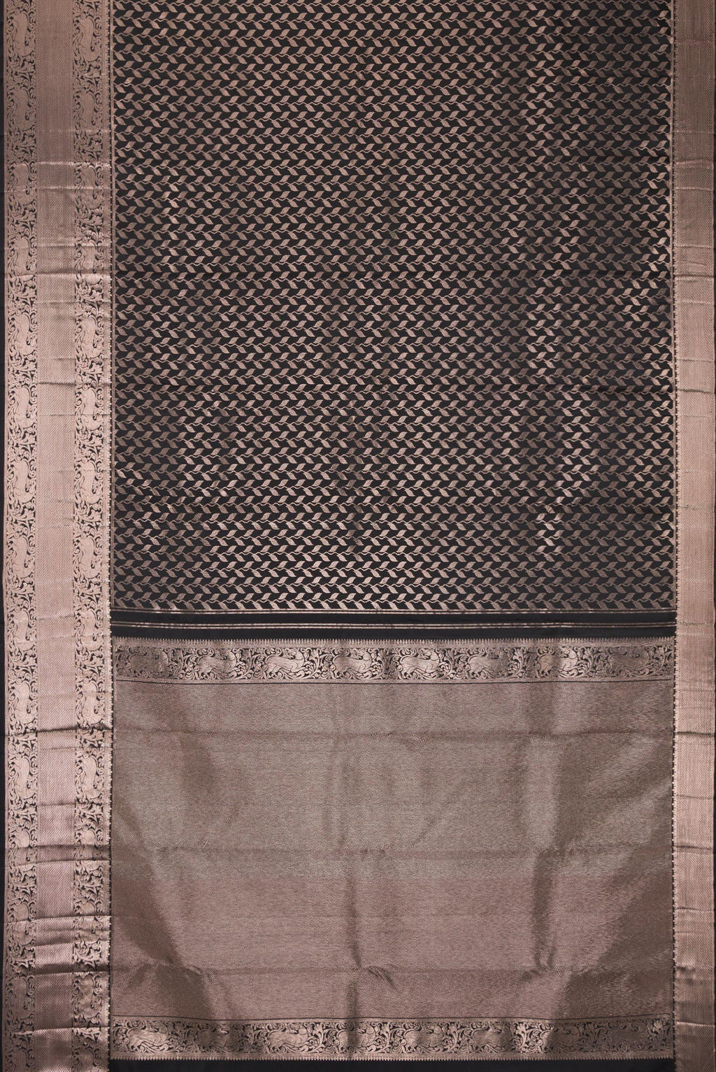 Flat view of Black Dual Tone Kanchipuram Silk Saree with Zari Brocade on the body and Zari Border. 