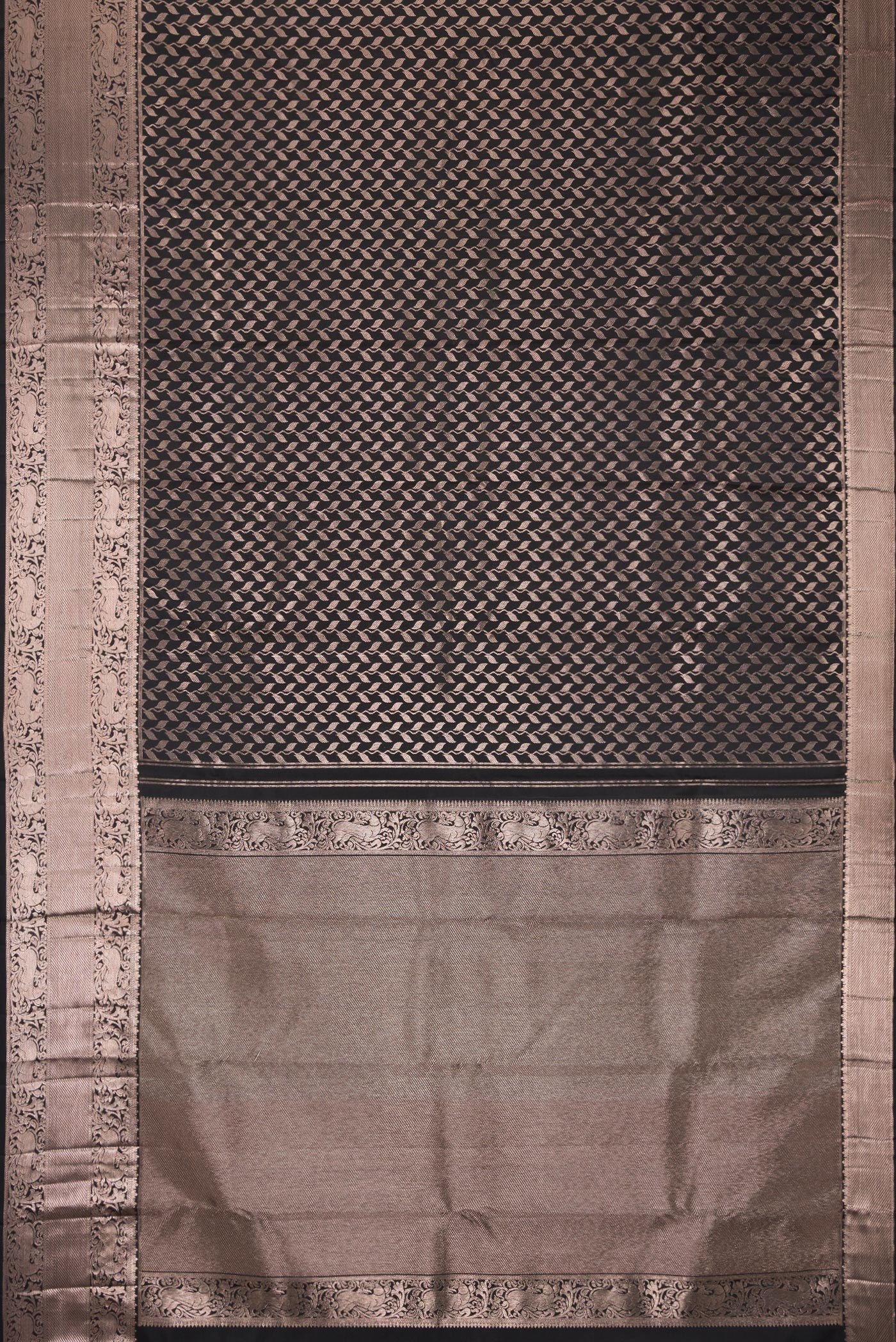 Flat view of Black Dual Tone Kanchipuram Silk Saree with Zari Brocade on the body and Zari Border. 