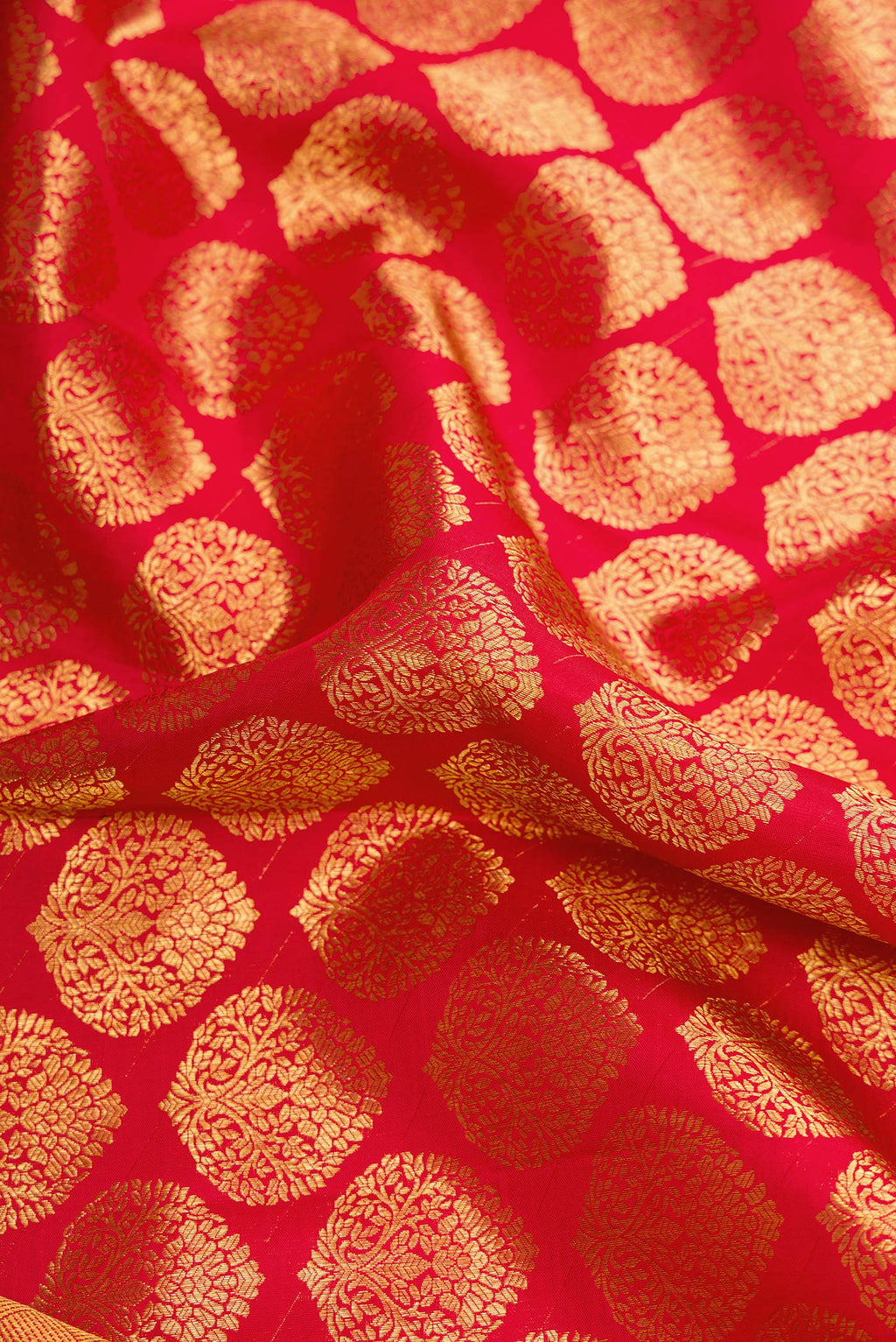 Close up of Red Dual Tone Kanchipuram Silk Saree with Zari Brocade on the body and Zari Border.  displaying folds